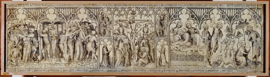 O altar de Narbonne: Cristo feito prisioneiro, escarnecido, coroa de espinhos, crucificação, sepultura, ressurreição ...