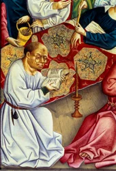 A morte da Virgem Detalhe representando uma leitura de monge com óculos. Pintura do Mestre do Alto Reno (século XV)