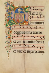 Folha de Manuscrito com a Trindade num G Inicial, de um Antifonário, segunda metade do século XV.