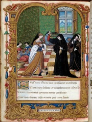 Margarita de Angoulema (1492-1549) Rainha de Navarra apresenta seu livro à Duquesa de Etampes e preferida de François I Anne Pisseleu Página retirada do manuscrito "La coche ou Debat d