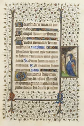 Ms 62 f.132r Personificação da Necromancia esfaqueando um livro, das “Horas do Espírito Santo” de 1350, 1417 de Guillaume de Deguilleville (tinta e folha de ouro em pergaminho)