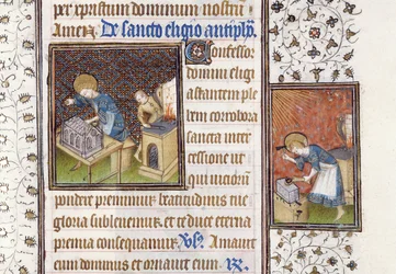 Ms 62 f.215r São Eligius fazendo um Santuário; St. Eligius em uma bigorna, de um livro de horas