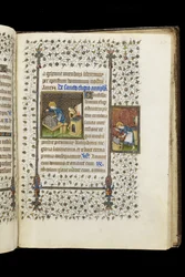 Ms 62 f.215r St. Eligius fazendo um santuário; Santo Eligius em uma bigorna, de um livro de horas, c.1445-50 (pergaminho)