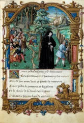 Representação da Rainha de Navarra Margarita de Angoulema (1492-1549), cena de amor cortês. Página extraída do manuscrito "La coche ou Debat d