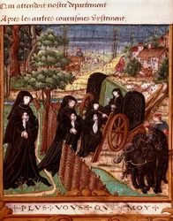 Representação da Rainha de Navarra Margarita de Angoulema (1492-1549) rodeada pelas suas damas de companhia que vão a bordo de uma carruagem para um passeio" Página retirada do manuscrito "La coche ou Debat d
