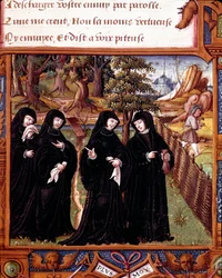 Representação da Rainha de Navarra Margarita de Angoulema (1492-1549) falando com seus companheiros Página extraída do manuscrito "La coche ou Debat d