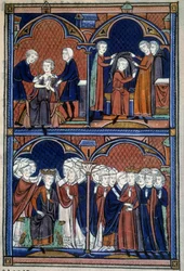 Ordem da consagração e coroação dos reis de França: o rei com a túnica, o manto e a coroa sobre a qual todos os pares colocam as mãos; o arcebispo abraça-o. Miniatura retirada de «L