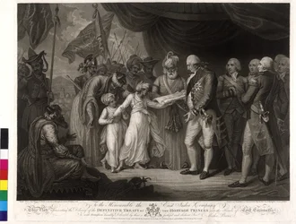 Os filhos do sultão Tipu fazem crescer Lord Cornwallis como refém e entregam-lhe