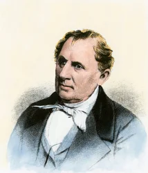 Retrato de James Fenimore Cooper (1789-1851) escritor americano - Gravura colorida do século XIX - (Autor americano James Fenimore Cooper - Gravura colorida à mão de um retrato do século XIX)
