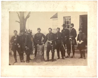 Impressão em alasca do general McClellan na sede, Brigada do general Morrell, 1862 (foto sépia)