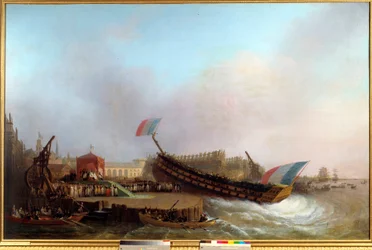 O Imperador Napoleão I (1769-1821) e a Imperatriz, rodeados pelo rei e rainha de Vestefália assistindo ao lançamento do navio de 80 armas The Friedland", no arsenal de Antuérpia, em 2/05/1810" Estaleiro naval no século XIX. Pintura de Mathieu Ignace