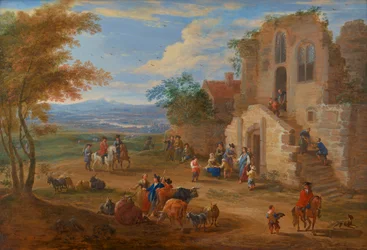 Paisagem com distribuição de esmolas diante de uma abadia em ruínas, c.1650-90 (óleo sobre painel)