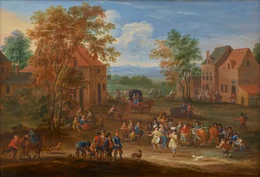 Paisagem de uma aldeia, com a procissão do boi da Páscoa, c.1650-90 (óleo sobre painel)