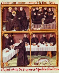 Refectoire de monines Miniature do manuscrito "Speculum historiale" (ms. 1196, fol. 141 v.) de Vincent de Beauvais (1184/94-1264), alistado pelo Mestre François (século XV). Chantilly, Museu Conde