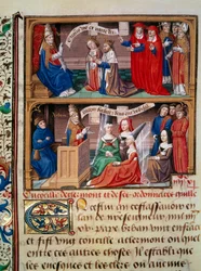 Representação do Conselho de Clermont em 1095, presidido pelo Papa Urbain II (1042-1099), pregando a primeira cruzada. Miniatura retirada do manuscrito "Speculum historiale" (Le Mirror historiale) de Vincent de Beauvais (1184/94-1264) iluminado pelo