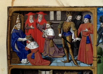Cenas da vida de Carlos Magno (742-814) Rei dos Francos: a coroação do Papa Leão III. Miniatura retirada do manuscrito "Speculum historiale" (Le Mirror historiale) de Vincent de Beauvais (1184/94-1264) iluminado pelo Mestre François (15