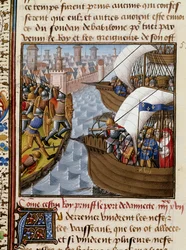 Sétima Cruzada: Rei Saint Louis (1214-1270) e as travessias que cercam Damietta em Junho de 1249 no Baixo Egipto. Miniatura retirada do manuscrito "Speculum historiale" (Le Mirror historiale) de Vincent de Beauvais (1184/94-1264) iluminado pelo Mestre