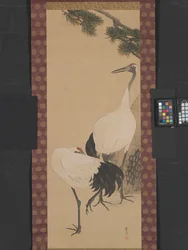Gruas, Bambu e Pinho, Período Edo (tinta e cores aquosas sobre seda)