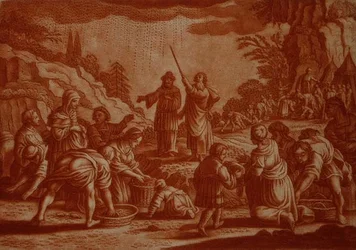 O Maná de Reunião Israelita, ilustração de uma Bíblia, gravada por Gabriel Bodeneer (1673-1766) (gravura sépia)