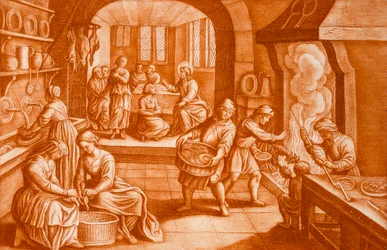 A história de Maria e Marta, ilustração da Bíblia, gravada por JC Bodenehr (gravura em sépia)