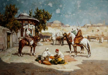 Arab Warriors in a Market Square, c.1910 (óleo sobre painel)