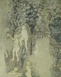 Detalhe dos homens tomando banho do esquema decorativo no Salão dos papas, afresco 1437