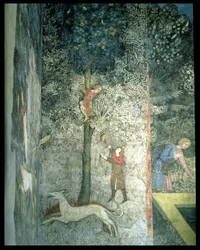 Cães de caça e homens escalando uma árvore, detalhe do esquema decorativo de La Chambre du Cerf Stag Room 1347 afresco