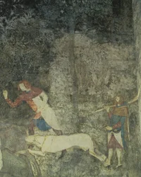 Homens caçando com cães, detalhe do esquema decorativo de La Chambre du Cerf Stag Room 1347 afresco