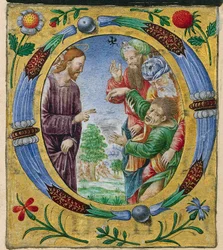 Corte de um Missal: O inicial com Cristo realizando um exorcismo, c. 1520.
