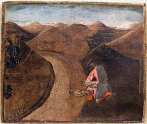 Lenda de Rômulo e Remo: Amulius coloca os gémeos no Tibre. Pintura de Matteo di Giovanni (1430-1495), detrempe sobre madeira, 28,5 x34 cm. Arte italiana do século XV. Musee des Beaux Arts de Libourne.