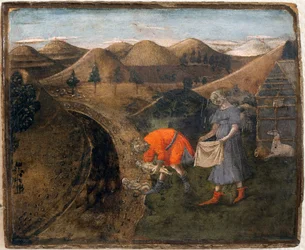 Lenda de Rômulo e Remo: Rómulo e Remo recolhidos pelo pastor Faustulus. Pintura de Matteo di Giovanni (1430-1495), detrempe sobre madeira, 29,5 x35 cm. Arte italiana do século XV. Musee des Beaux Arts de Libourne.