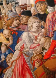 O massacre dos inocentes, detalhe de um soldado perfurando um bebê com sua espada, 1482 tempera no detalhe do painel de 106233