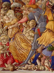 O Massacre dos Inocentes, detalhe de um soldado que se prepara para apunhalar uma criança e carnificina circundante, tempera 1482 no detalhe do painel de 106233
