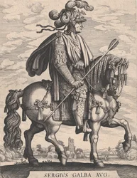 Placa 7: Imperador Galba a Cavalo, de "Os Doze Primeiros Césares Romanos" depois de Tempes..., 1610-50.