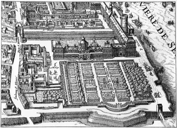 Paris: o palácio e jardim das Tuileries em 1615, fac-símile do plano de Mathieu Merian.
