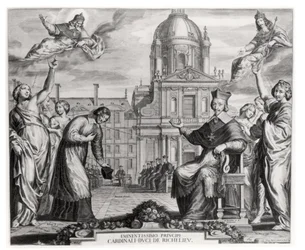Robert de Sorbon (1201-94) e Cardeal Richelieu (1575-1642) em frente à Sorbonne, gravado por Gregoire Huret (1606-70) 1639