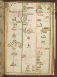 Um mapa de itinerário, mostrando a rota entre Londres e Nápoles, do Liber additamentorum de Matthew Paris