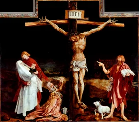 retábulo Issenheim (ou Isenheim): painel central representando a crucificação - Inscrição "INRI" na cruz - Pintura em madeira de Mathis Neithardt Gothardt dit Matthias Grunewald (ca. 1480-1528) 1512-1516 Dim 269x307 cm Colmar, Musee Unterlinden