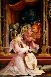 Altarpiece of Issenheim (ou Isenheim): "La Nativite" Detalhe do concerto dos músicos Anjos. O anjo do centro toca a viola gamba. Painéis de Mathis Neithardt Gothardt dit Matthias Grunewald (1480-1528) (ec.all.) 1512-1516 Dim. 265x304 cm Col