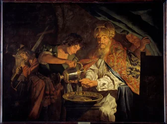 Pôncio Pilatos (Pontius Pilatius) lava as mãos. Pôncio Pilatos (10 a.C.-39 d.C.), prefeito da Judeia, considerando inútil condenar Jesus Cristo, lava as mãos para assinalar o seu desacordo - Pintura de Mathias Stomer (Matthias Stom) (1600-1650)