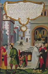 &39;O Reino dos Céus pode ser comparado a um rei que resolveu acertar contas com seus servos&39; (Mateus 18, Lucas 17), ilustração aos ensinamentos de Cristo, seção do painel da ala do Mompelgarter