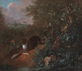 Natureza morta na floresta com uma lontra e dois peixes, c.1650-1700 (óleo sobre tela)
