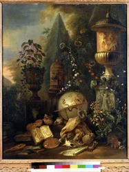 Vanitas, natureza morta com um vaso. Pintura por Matthias Withoos (1627-1703). Óleo sobre tela, 83 x 67 cm. Arte holandesa do século XVII. Pushkin Museum of Fine Arts, Moscovo.