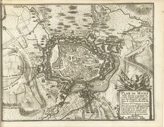 Beleg van Bergen, 1709 Mapa de Mons Ville Forte (...) Assediado pelas tropas de Alliez. sob o comando do Príncipe de Orange (...) (título no objeto)