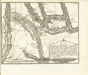 Escória de Ramillies, 1706 Plano da Cidade Chateau e Forte de Huy sitiados pelos Exércitos de S.A.E. de Baviere & du Marechal de Villeroy le 26 de maio de 1705 (título no objeto)