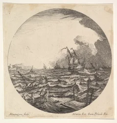 Tempestade em uma composição redonda, em ondas à esquerda joga um pequeno navio ocupado por sete..., ca. 1625-60.