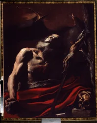 São Jerónimo. Pintura (Vanitas) de Mattia Preti Il Cavaliere Calabrese (1613-1699). Óleo sobre tela. Arte italiana, estilo barroco. Museu do Palácio Oranienbaum em Lomonossov, Rússia.
