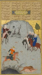 Bahram Gur on the Chase, Folio 10r de um Haft Paikar Seven Portraits..., de Nizami, ca. 1430.