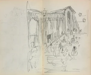 Caderno de desenho italiano: Ponte com figuras, páginas 95 e 96, 1898-1899.