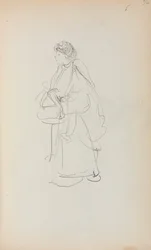 Caderno de desenho italiano: Mulher em pé, segurando uma sacola, página 56, 1898-1899.